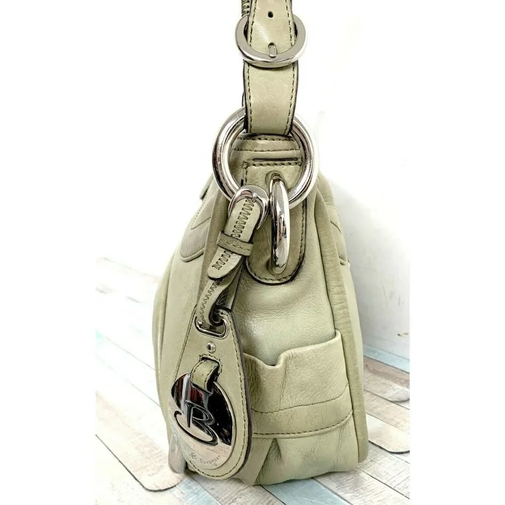 B. Makowsky SHABBY MOSS GREEN GENUINE LEATHER ZIP TOP HOBO SHOULDER BAG HANDBAG